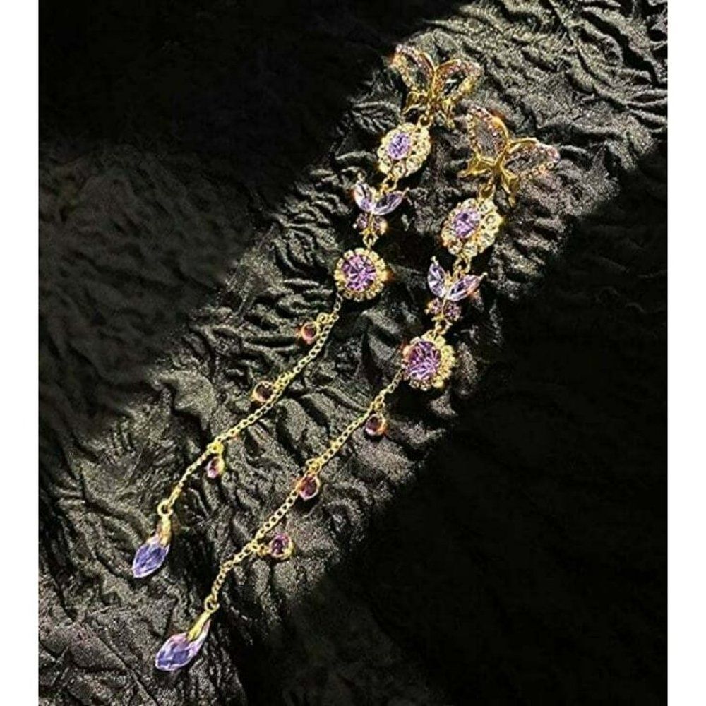 DAINTY Lilac Long Tassels Butterfly Earrings Dainty Silver Drop Statement Drop - Picture 2 of 4
